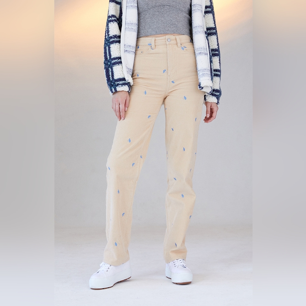 Pacsun High Waisted Cream Courduroy Embroided Mushroom Pants